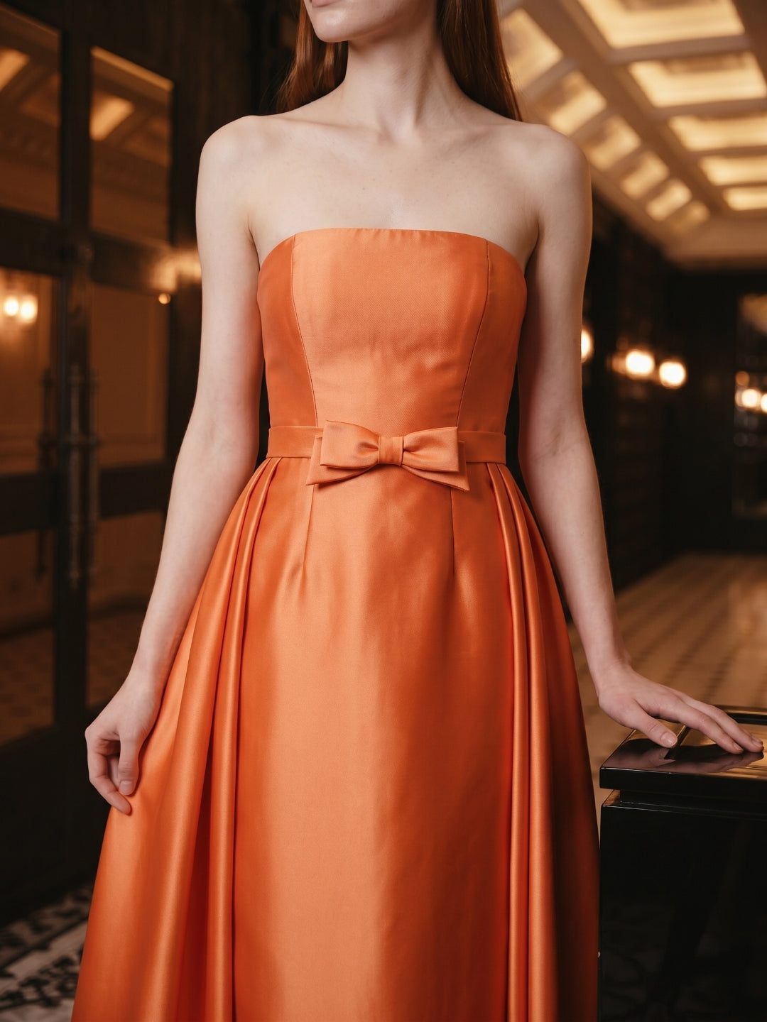 Orange Satin A-Line Straight Neck Back Zip Floor-Length Bridesmaid Dress with Pleats