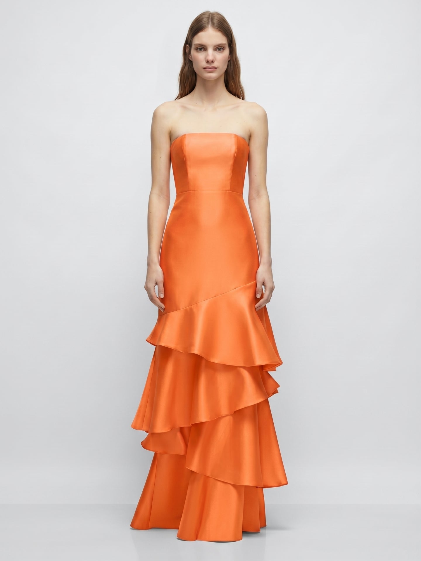 Orange Satin A-Line Straight Neck Back Zip Floor-Length Dress with Cascading Ruffles