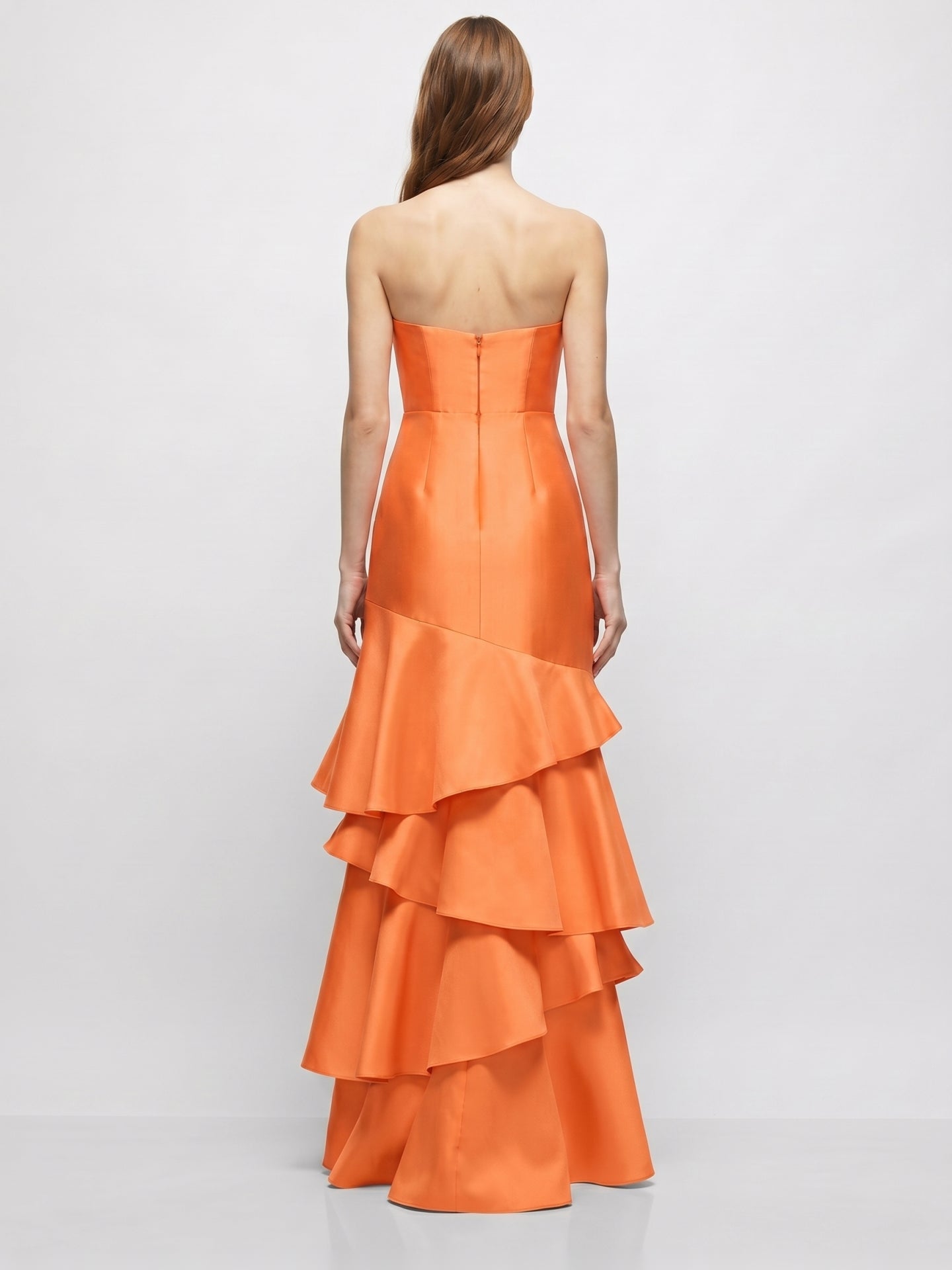 Orange Satin A-Line Straight Neck Back Zip Floor-Length Dress with Cascading Ruffles