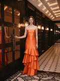 Orange Satin A-Line Straight Neck Back Zip Floor-Length Dress with Cascading Ruffles