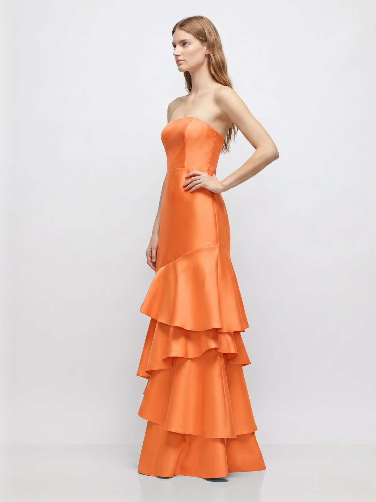 Orange Satin A-Line Straight Neck Back Zip Floor-Length Dress with Cascading Ruffles