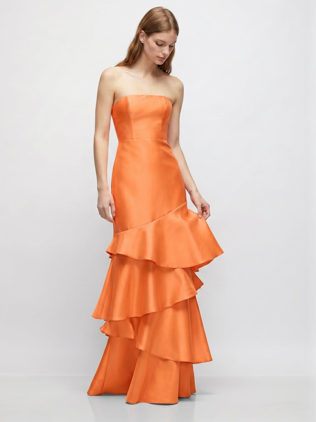 Orange Satin A-Line Straight Neck Back Zip Floor-Length Dress with Cascading Ruffles