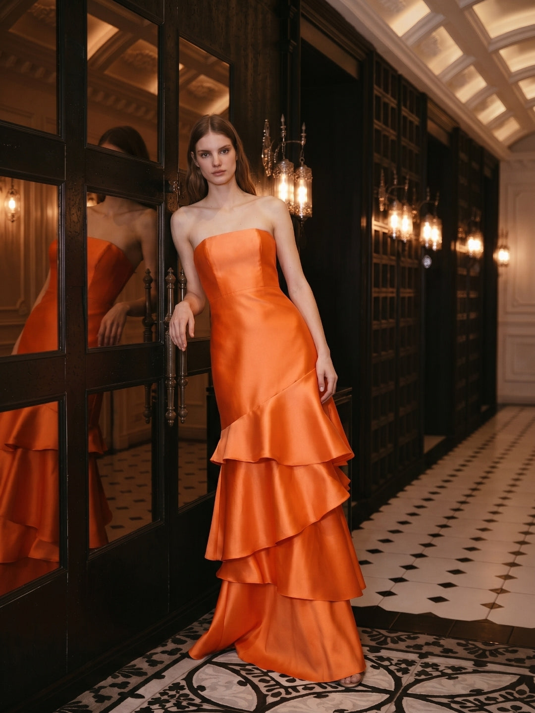 Orange Satin A-Line Straight Neck Back Zip Floor-Length Dress with Cascading Ruffles