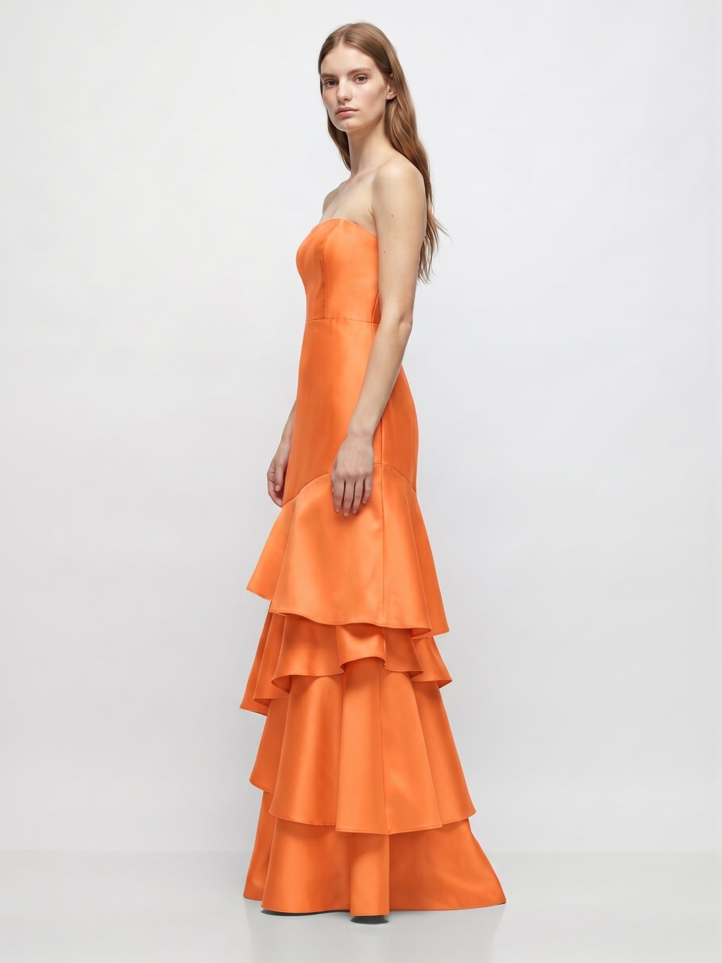 Orange Satin A-Line Straight Neck Back Zip Floor-Length Dress with Cascading Ruffles