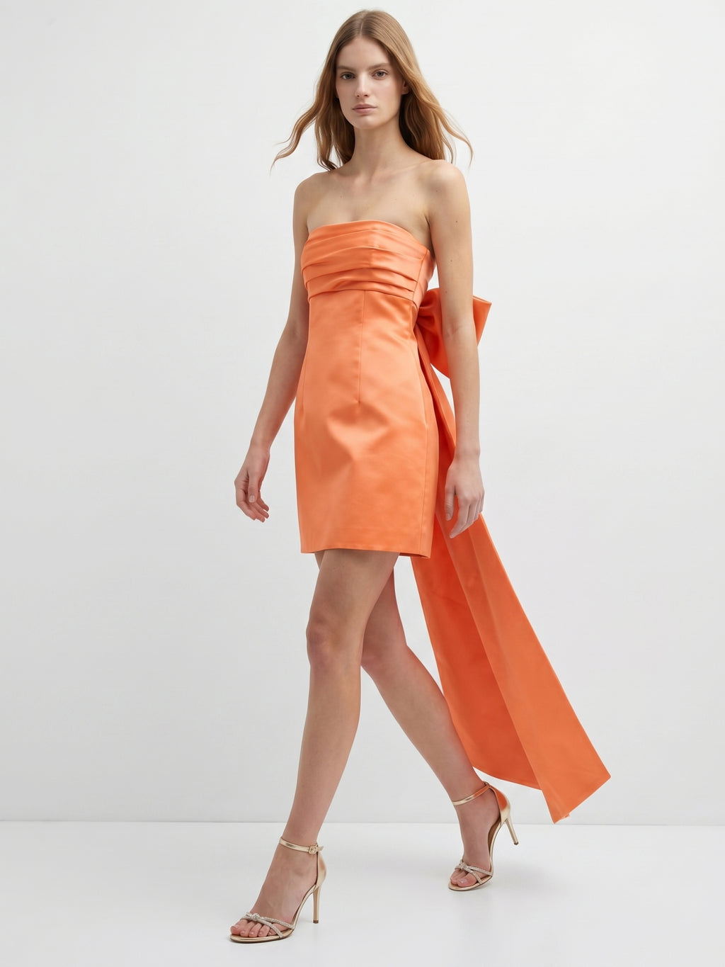 Orange Satin A-Line Straight Neck Backless Knee-Length Bridesmaid Dress with Bow