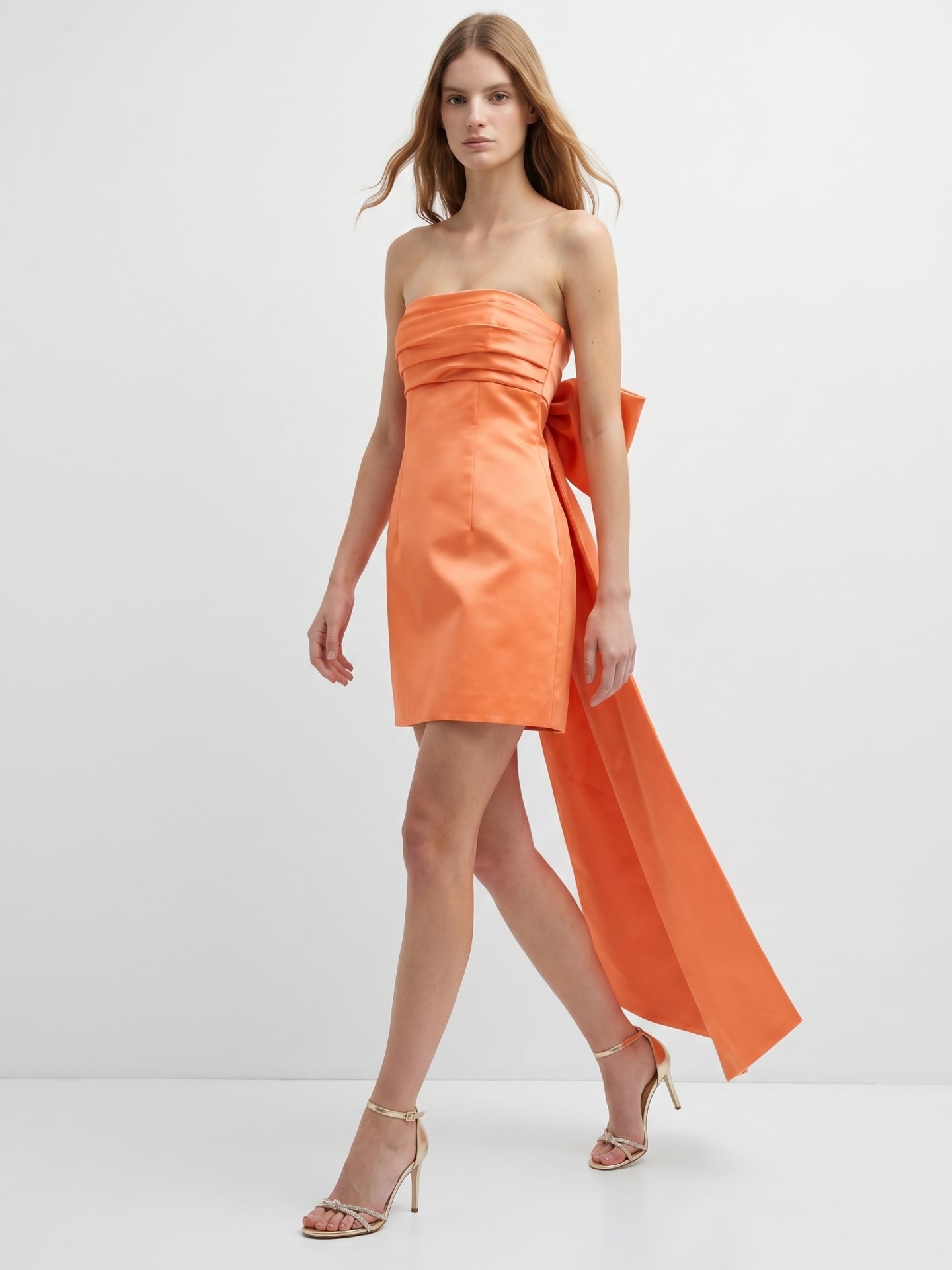 Orange Satin A-Line Straight Neck Backless Knee-Length Bridesmaid Dress with Bow
