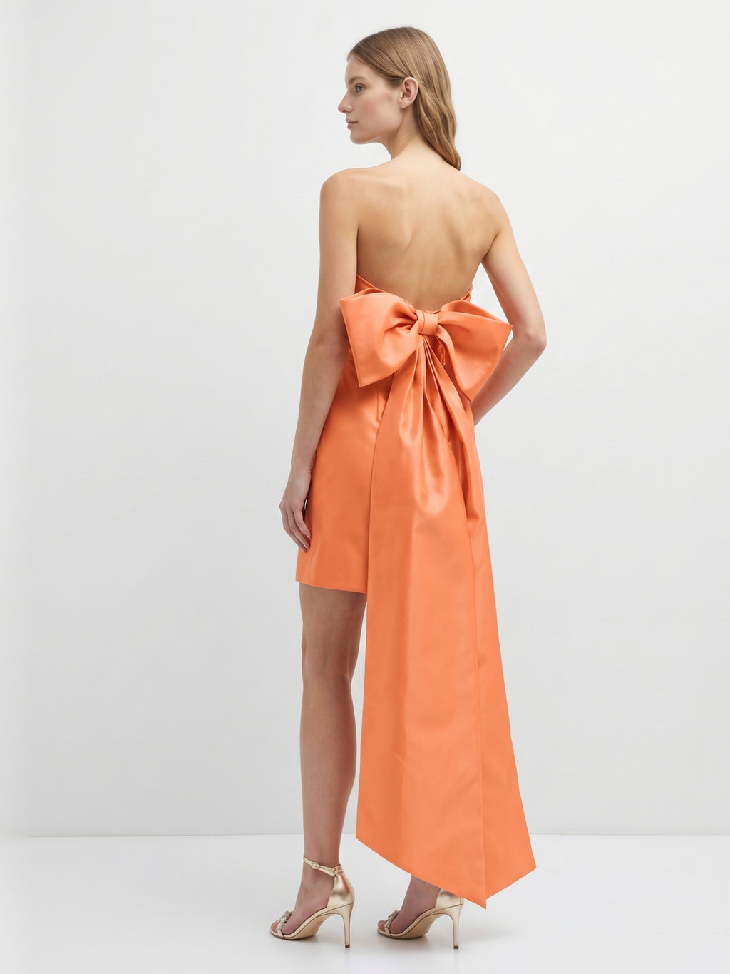 Orange Satin A-Line Straight Neck Backless Knee-Length Bridesmaid Dress with Bow