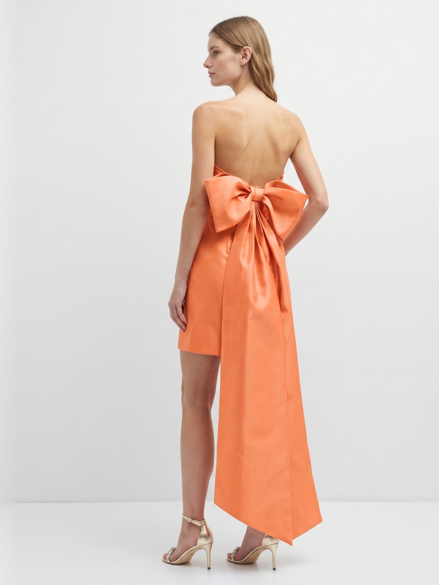 Orange Satin A-Line Straight Neck Backless Knee-Length Bridesmaid Dress with Bow