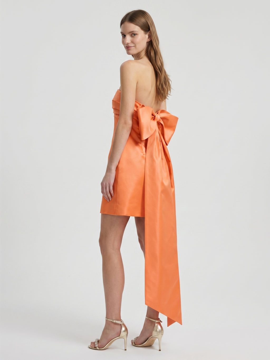 Orange Satin A-Line Straight Neck Backless Knee-Length Bridesmaid Dress with Bow