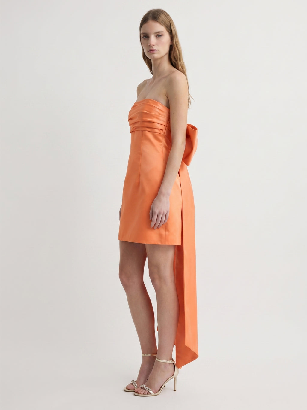Orange Satin A-Line Straight Neck Backless Knee-Length Bridesmaid Dress with Bow