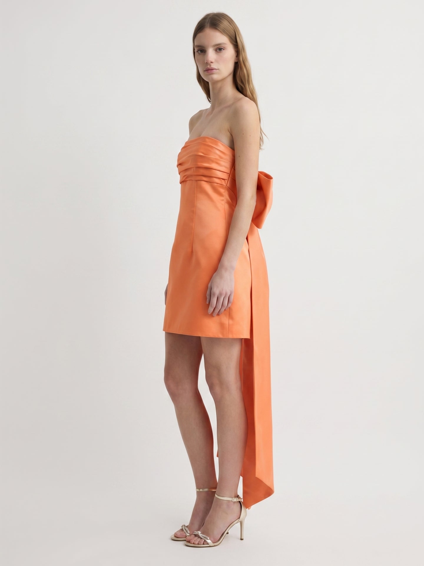 Orange Satin A-Line Straight Neck Backless Knee-Length Bridesmaid Dress with Bow