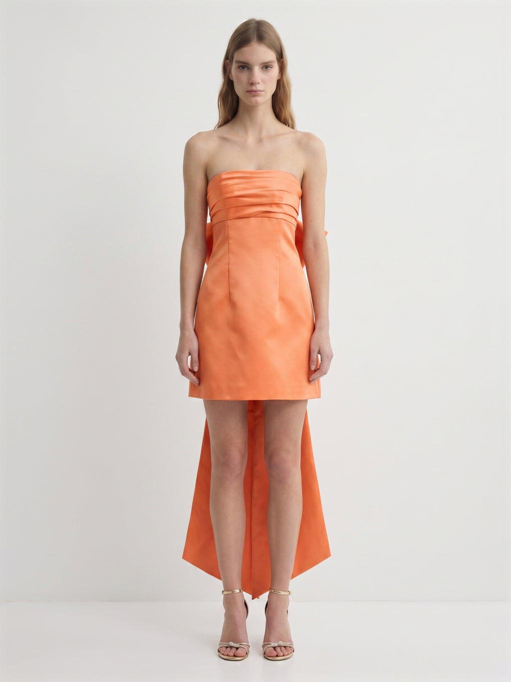 Orange Satin A-Line Straight Neck Backless Knee-Length Bridesmaid Dress with Bow
