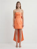 Orange Satin A-Line Straight Neck Backless Knee-Length Bridesmaid Dress with Bow