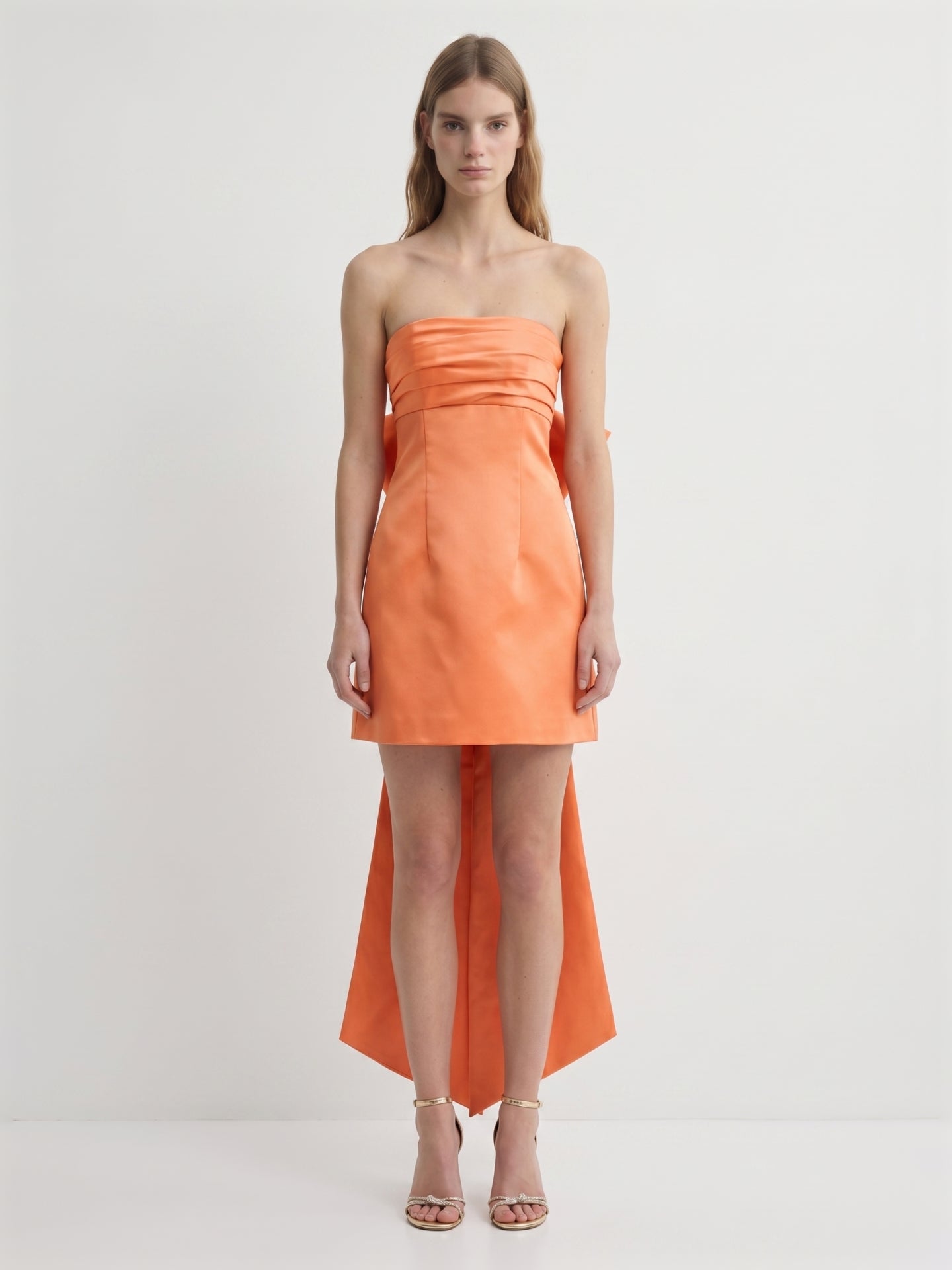 Orange Satin A-Line Straight Neck Backless Knee-Length Bridesmaid Dress with Bow