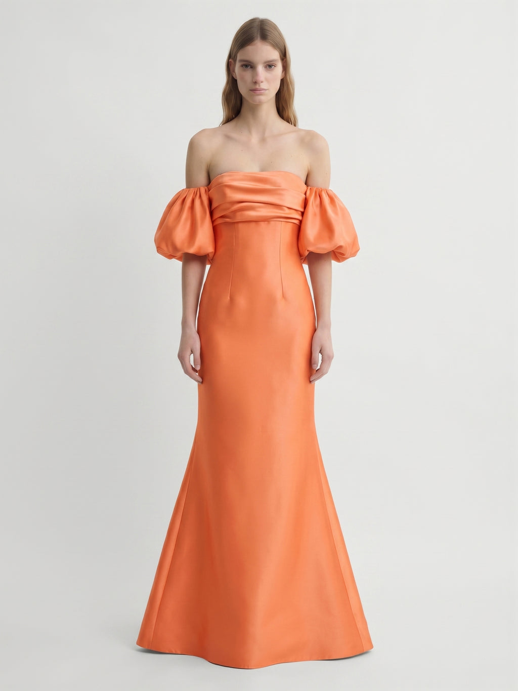 Orange Satin A-Line Straight Neck Floor-Length Bridesmaid Dress with Pleated Details