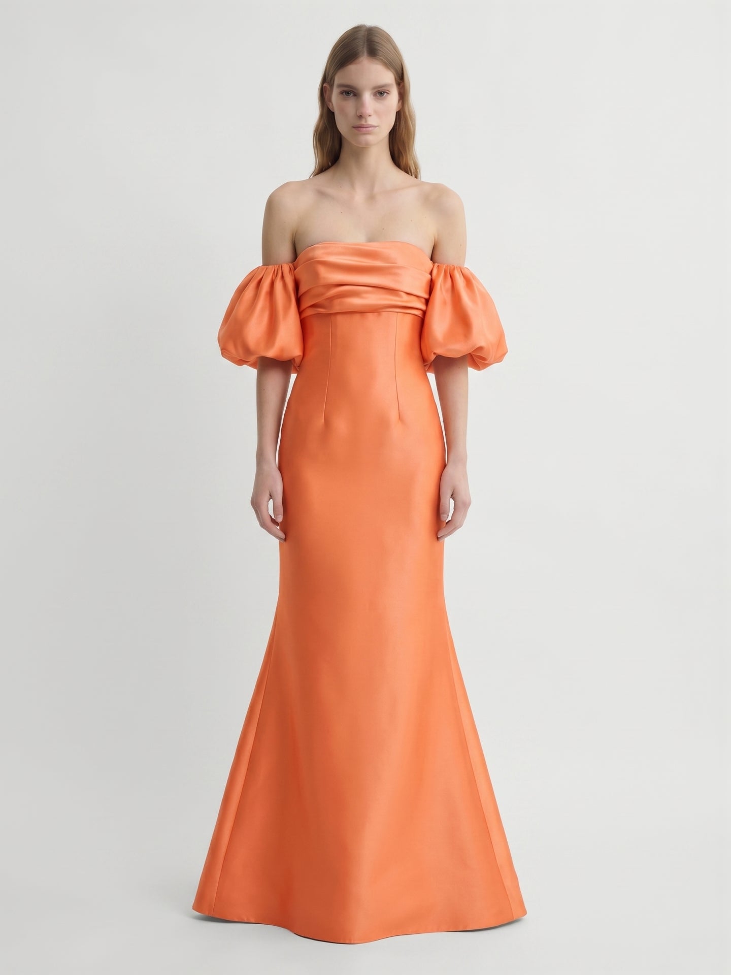 Orange Satin A-Line Straight Neck Floor-Length Bridesmaid Dress with Pleated Details