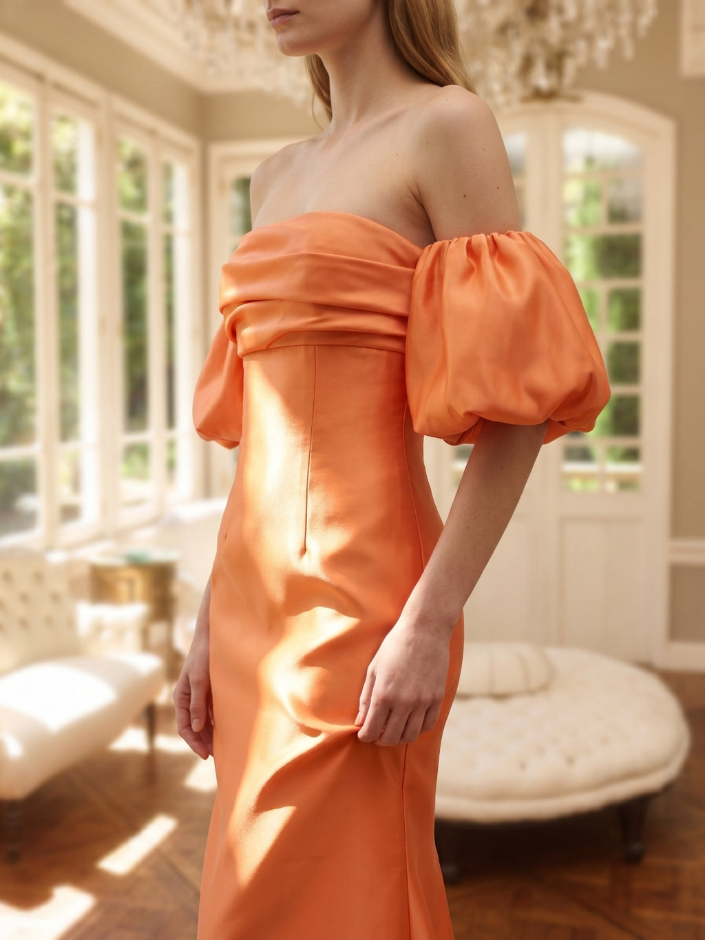 Orange Satin A-Line Straight Neck Floor-Length Bridesmaid Dress with Pleated Details
