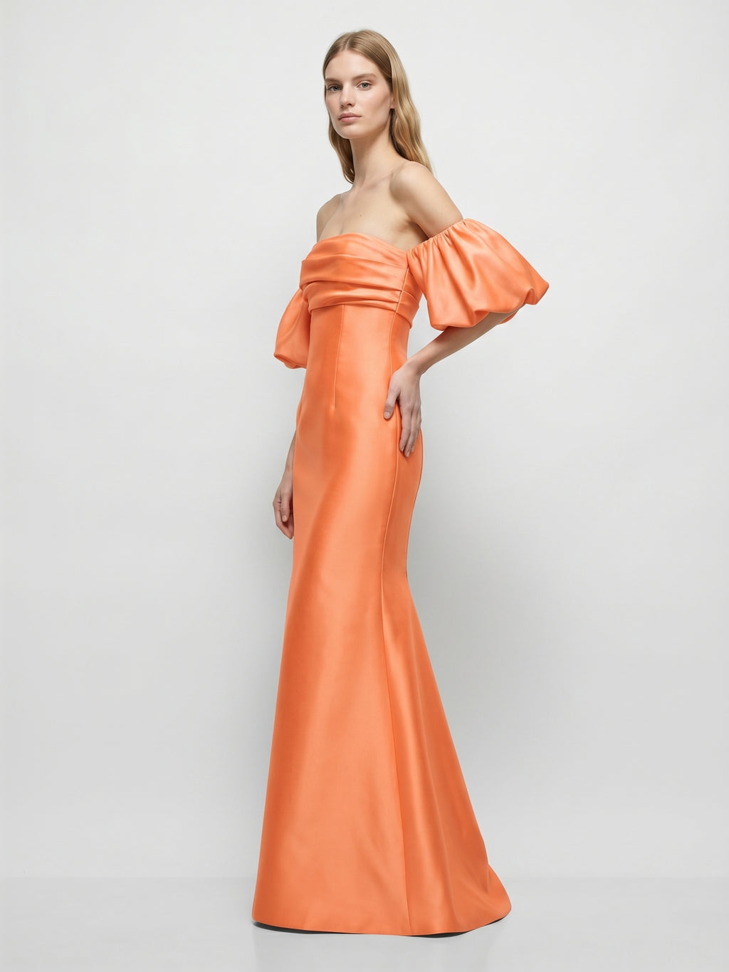 Orange Satin A-Line Straight Neck Floor-Length Bridesmaid Dress with Pleated Details