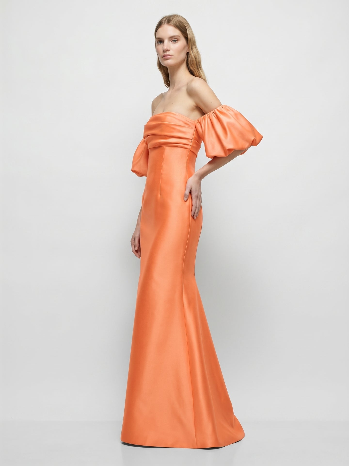 Orange Satin A-Line Straight Neck Floor-Length Bridesmaid Dress with Pleated Details