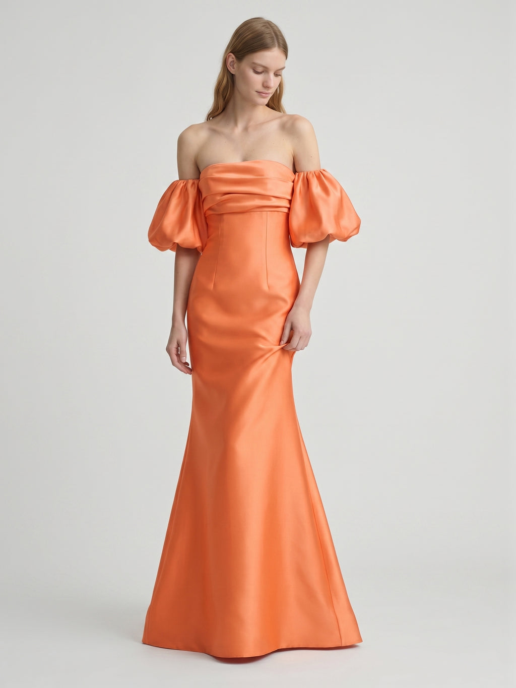 Orange Satin A-Line Straight Neck Floor-Length Bridesmaid Dress with Pleated Details