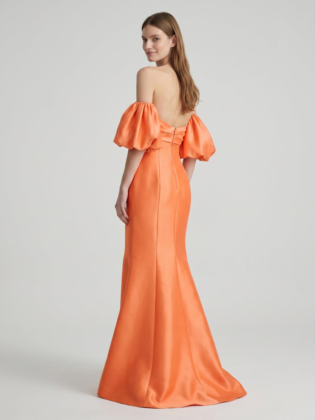 Orange Satin A-Line Straight Neck Floor-Length Bridesmaid Dress with Pleated Details