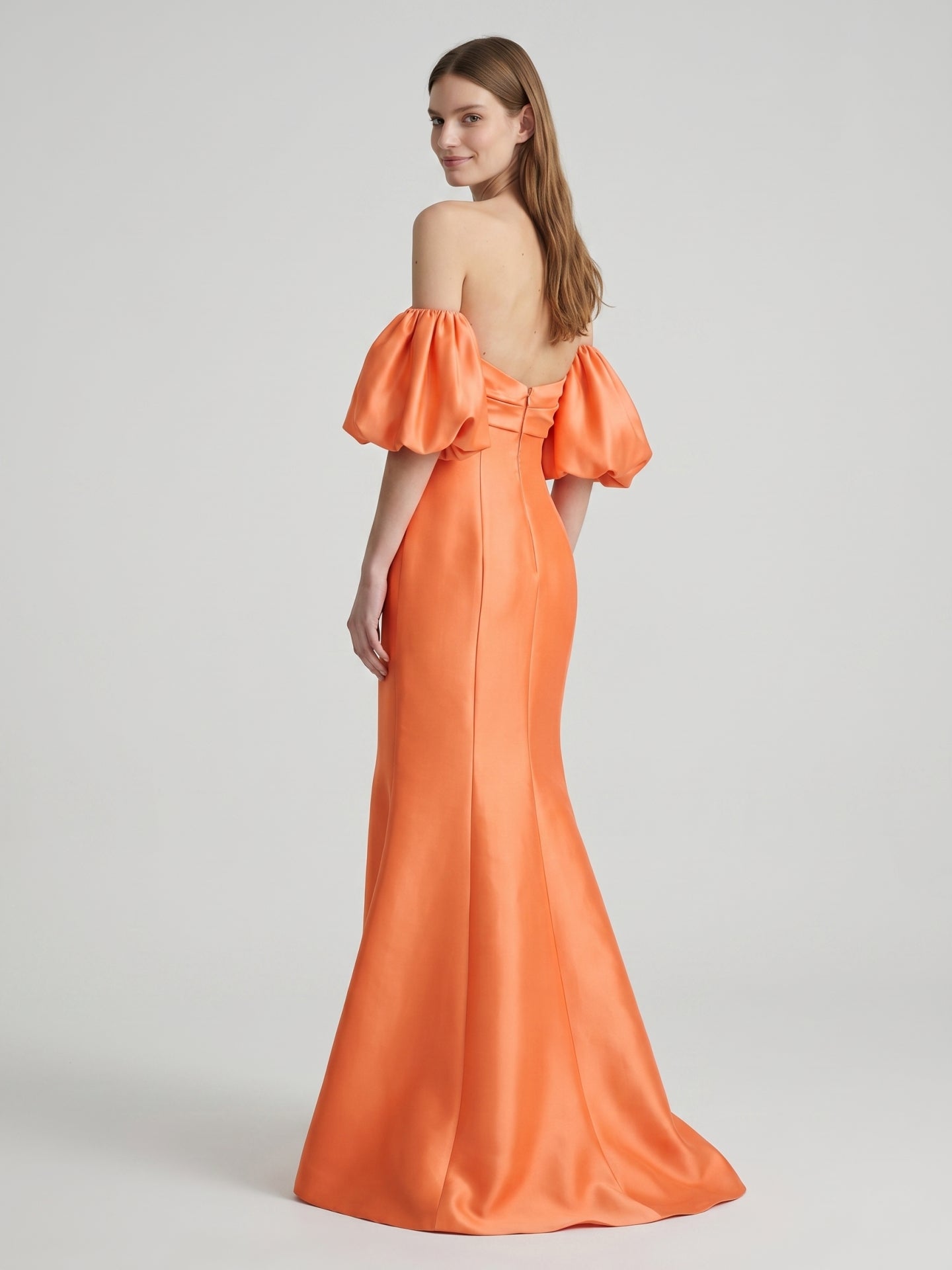 Orange Satin A-Line Straight Neck Floor-Length Bridesmaid Dress with Pleated Details