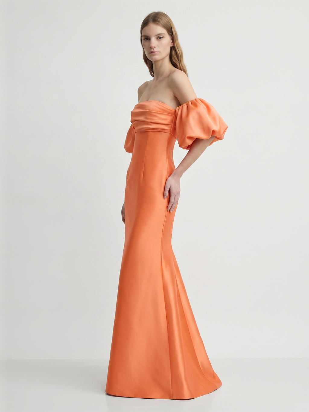Orange Satin A-Line Straight Neck Floor-Length Bridesmaid Dress with Pleated Details