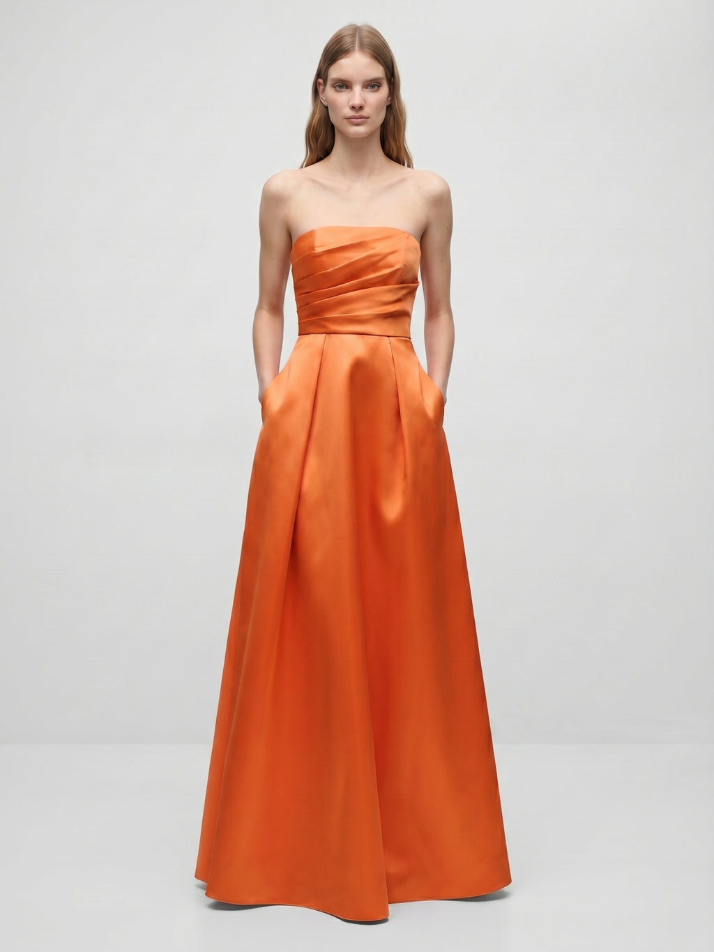 Orange Satin A-Line Straight Neck Floor-Length Bridesmaid Dress with Pleats