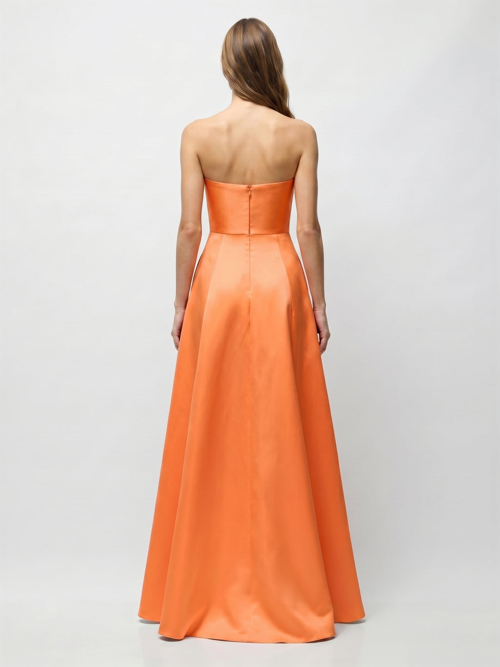 Orange Satin A-Line Straight Neck Floor-Length Bridesmaid Dress with Pleats