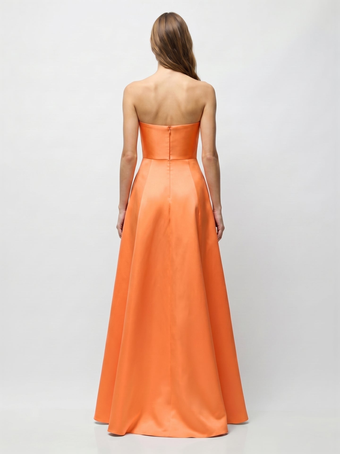 Orange Satin A-Line Straight Neck Floor-Length Bridesmaid Dress with Pleats