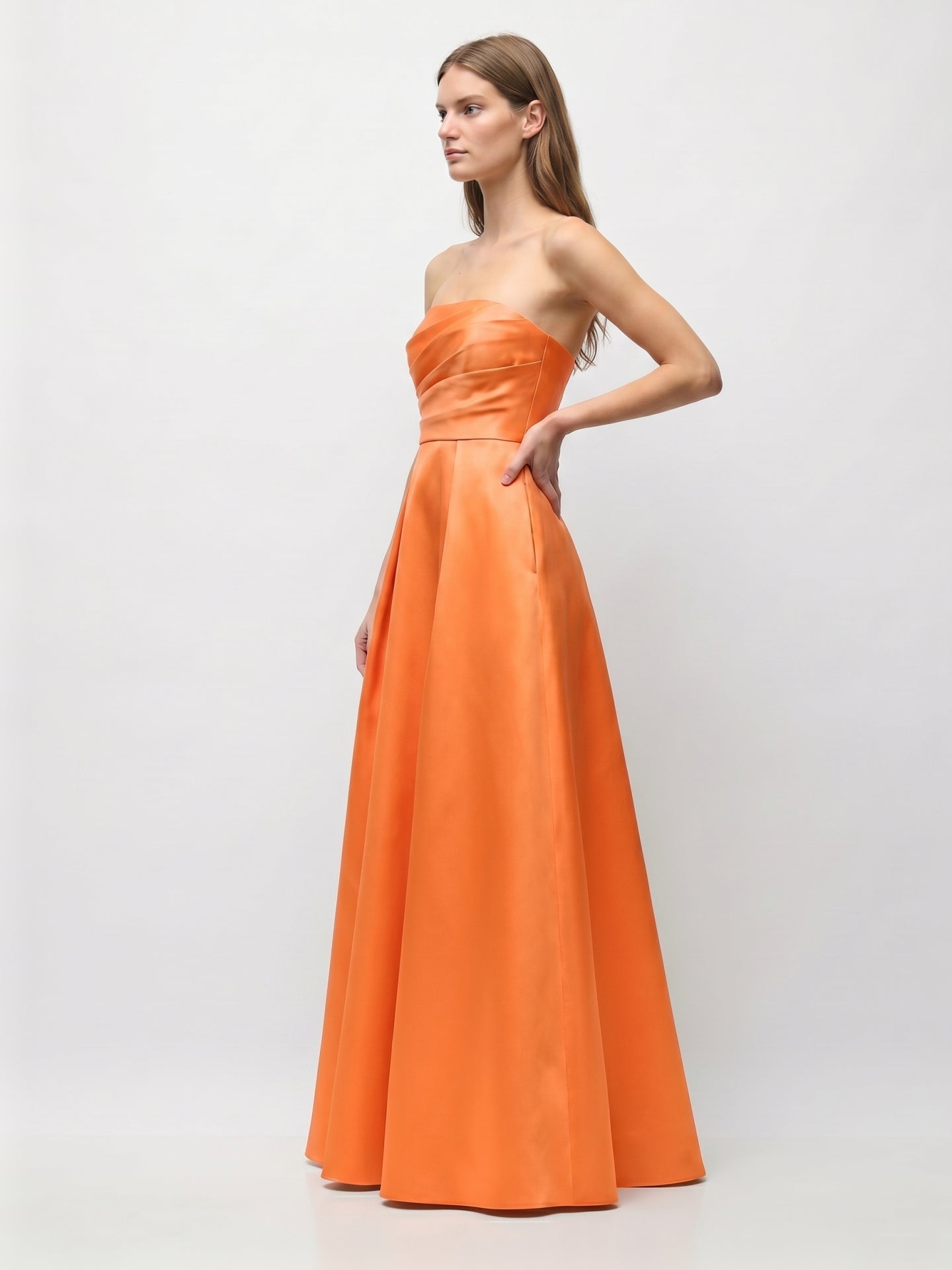 Orange Satin A-Line Straight Neck Floor-Length Bridesmaid Dress with Pleats