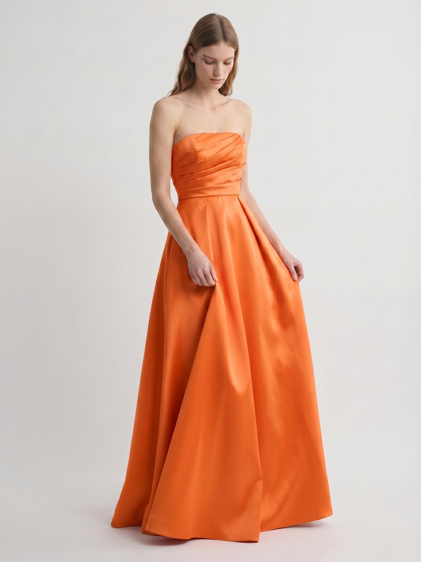 Orange Satin A-Line Straight Neck Floor-Length Bridesmaid Dress with Pleats