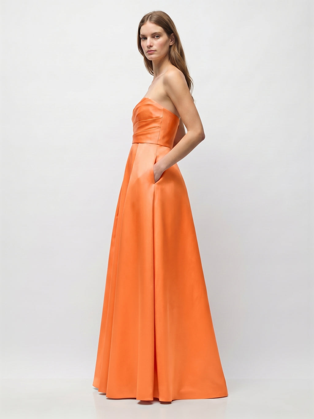 Orange Satin A-Line Straight Neck Floor-Length Bridesmaid Dress with Pleats