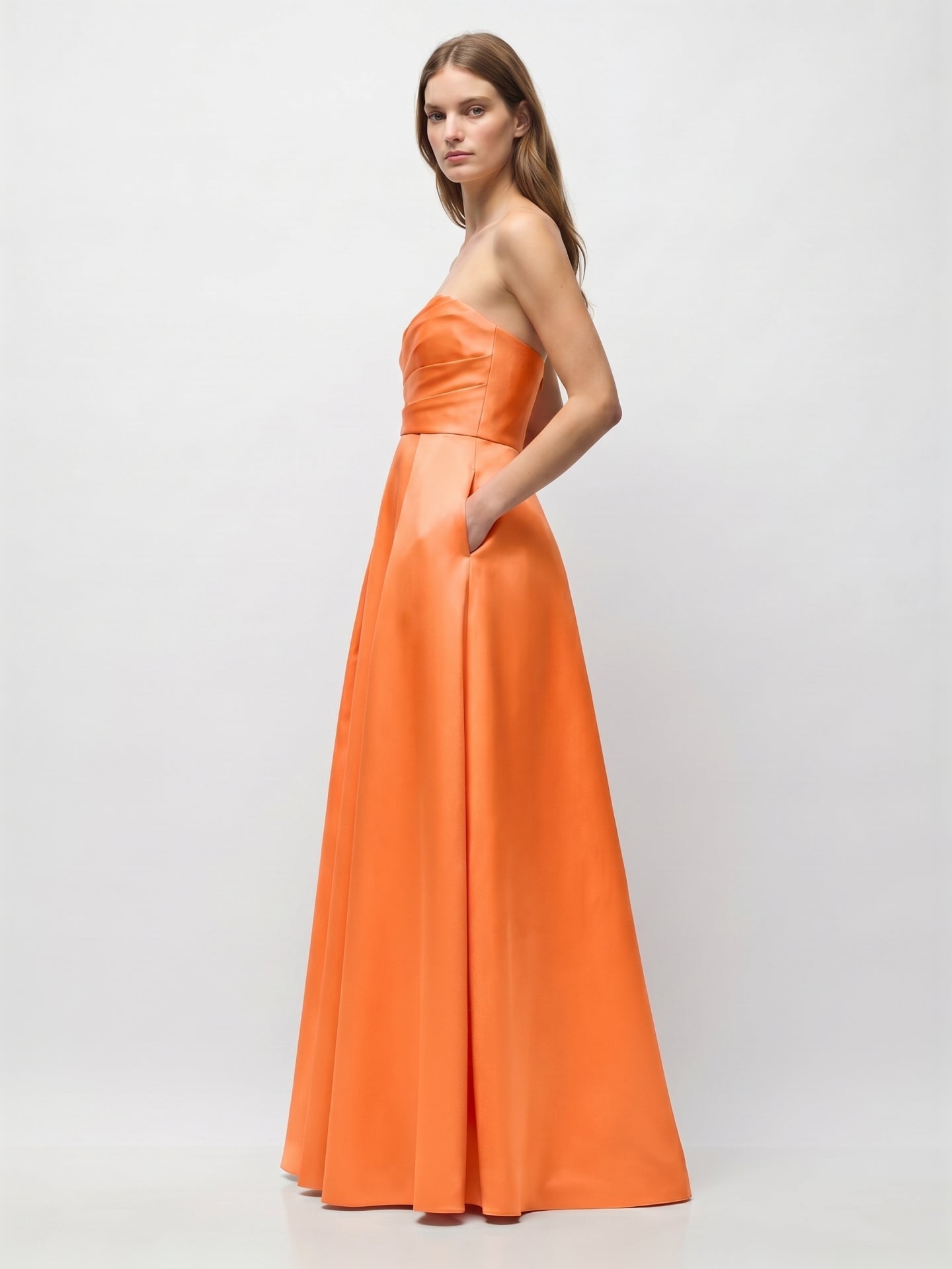 Orange Satin A-Line Straight Neck Floor-Length Bridesmaid Dress with Pleats