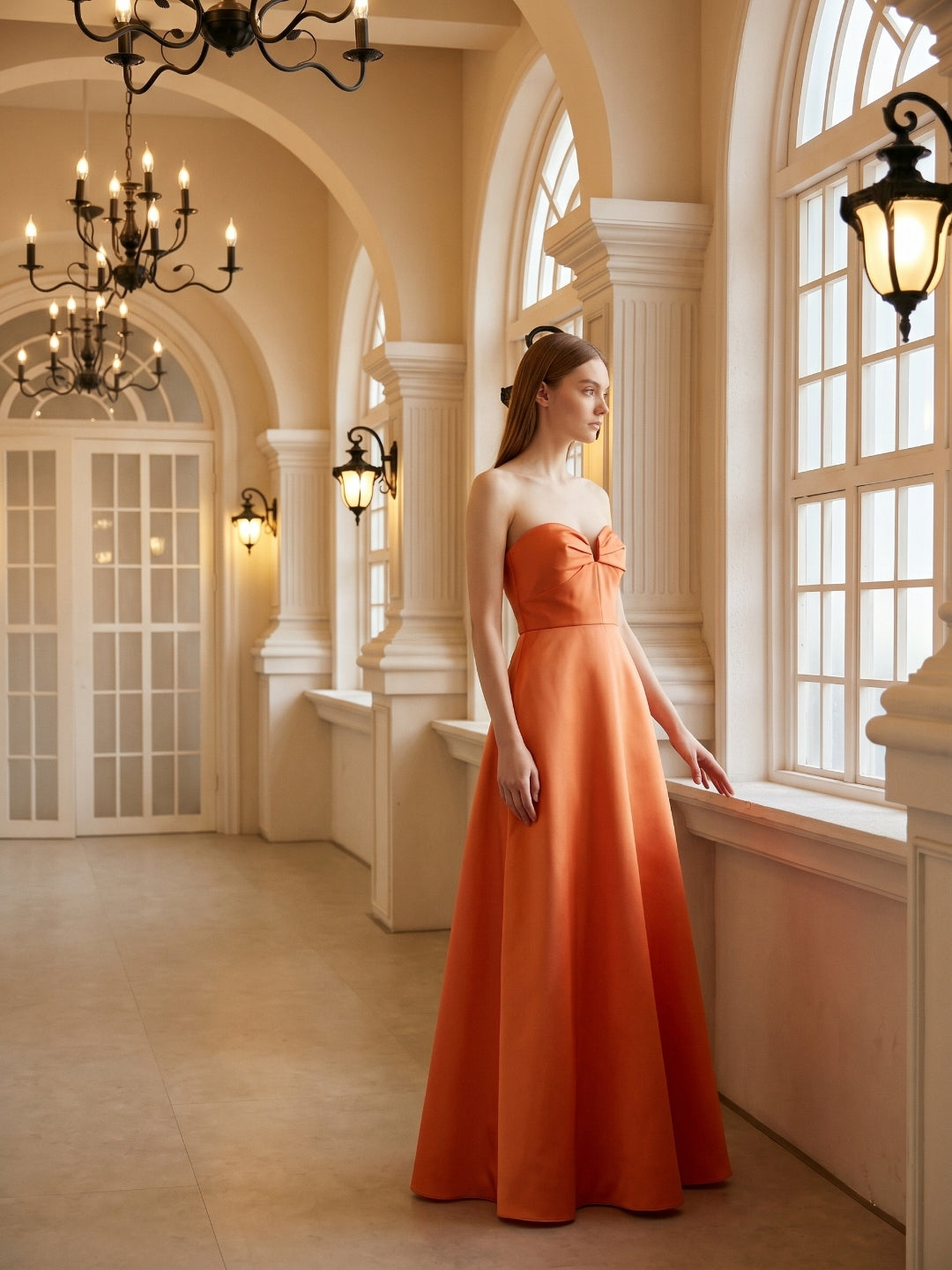 Orange Satin A-Line Sweetheart Back Zip Floor-Length Bridesmaid Dress with Pleats