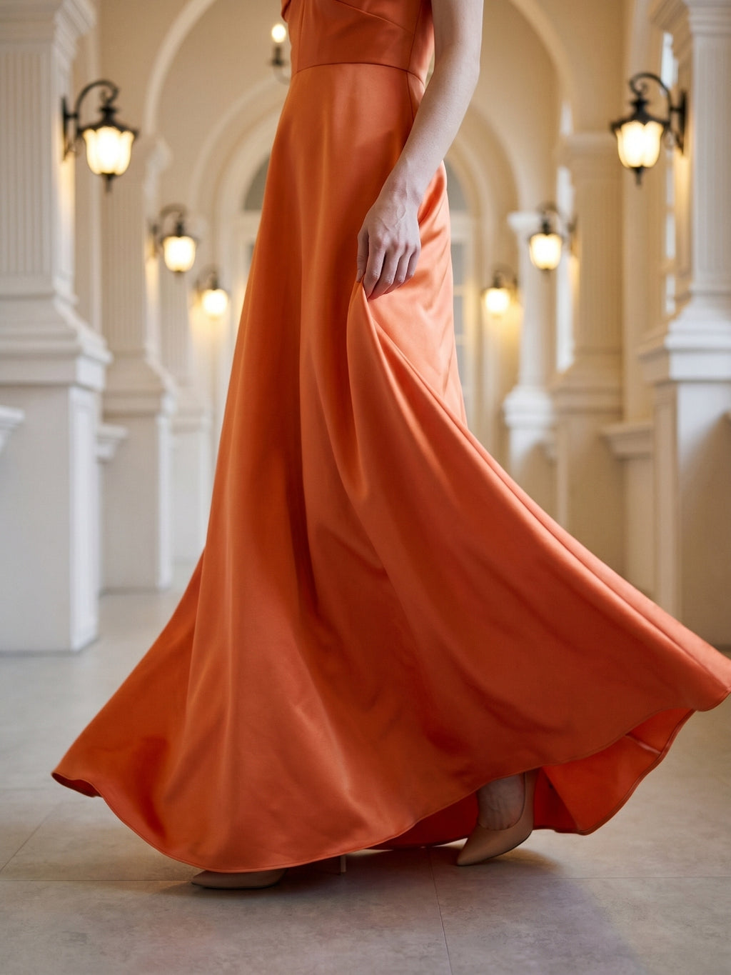Orange Satin A-Line Sweetheart Back Zip Floor-Length Bridesmaid Dress with Pleats