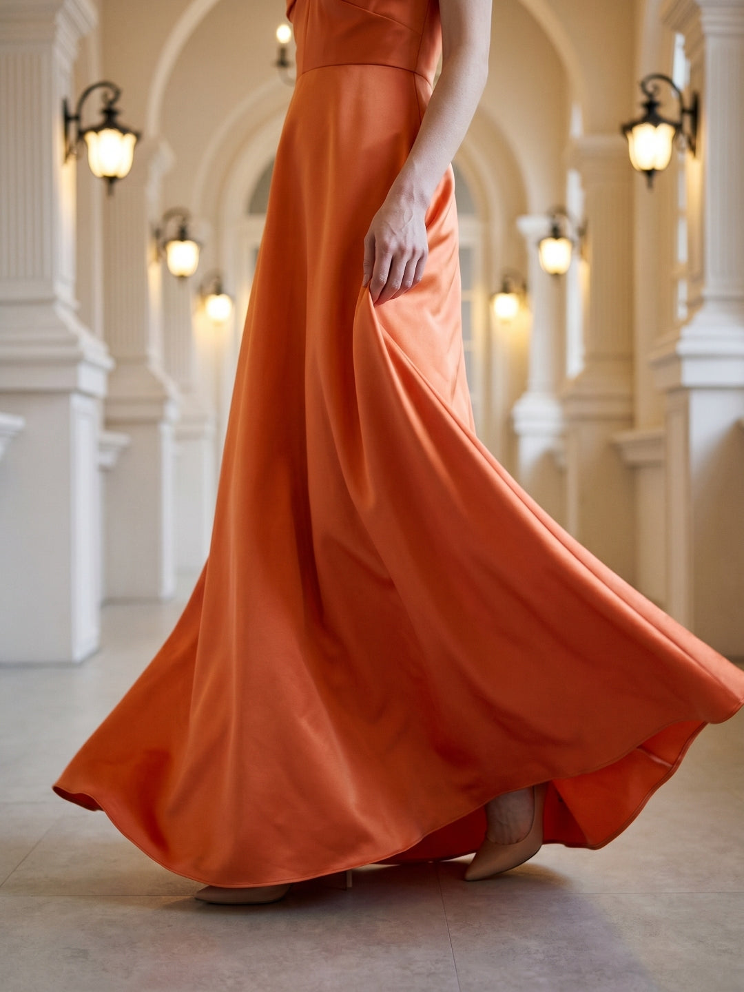 Orange Satin A-Line Sweetheart Back Zip Floor-Length Bridesmaid Dress with Pleats