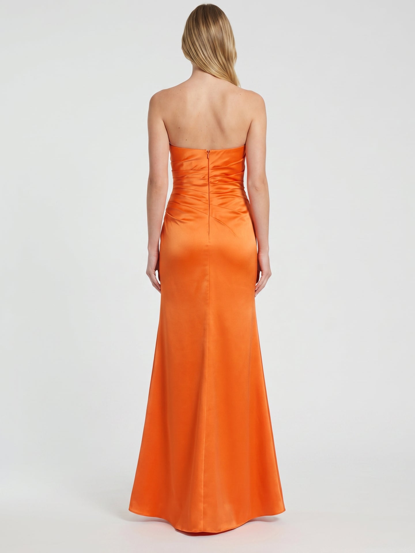 Orange Satin A-Line Sweetheart Backless Ankle Bridesmaid Dress with Pleated Details