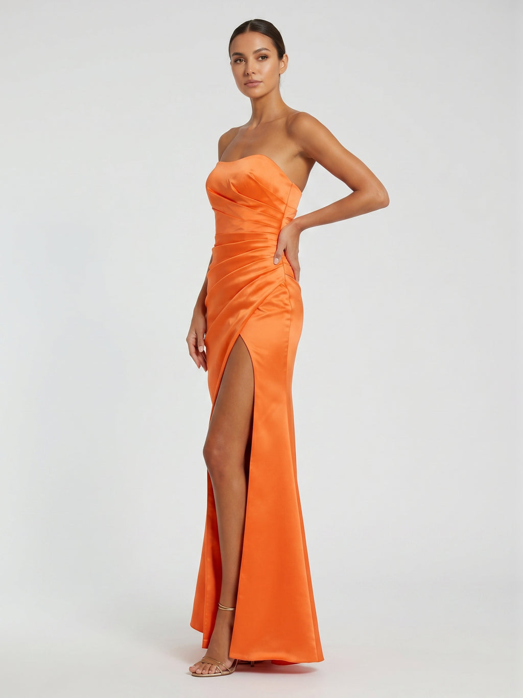 Orange Satin A-Line Sweetheart Backless Ankle Bridesmaid Dress with Pleated Details