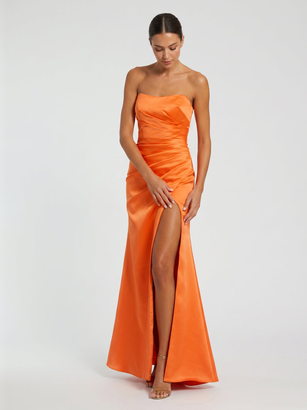 Orange Satin A-Line Sweetheart Backless Ankle Bridesmaid Dress with Pleated Details