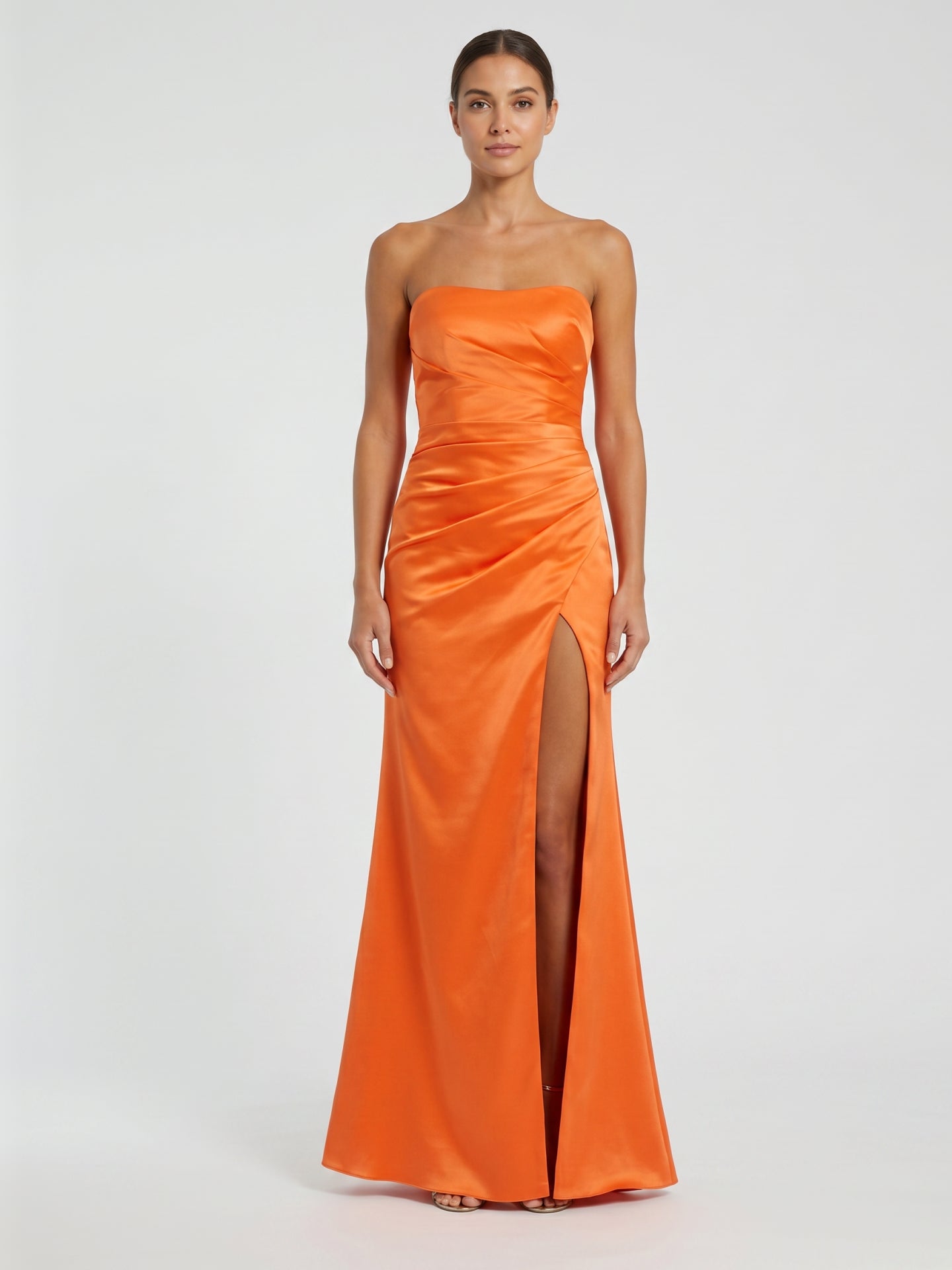 Orange Satin A-Line Sweetheart Backless Ankle Bridesmaid Dress with Pleated Details