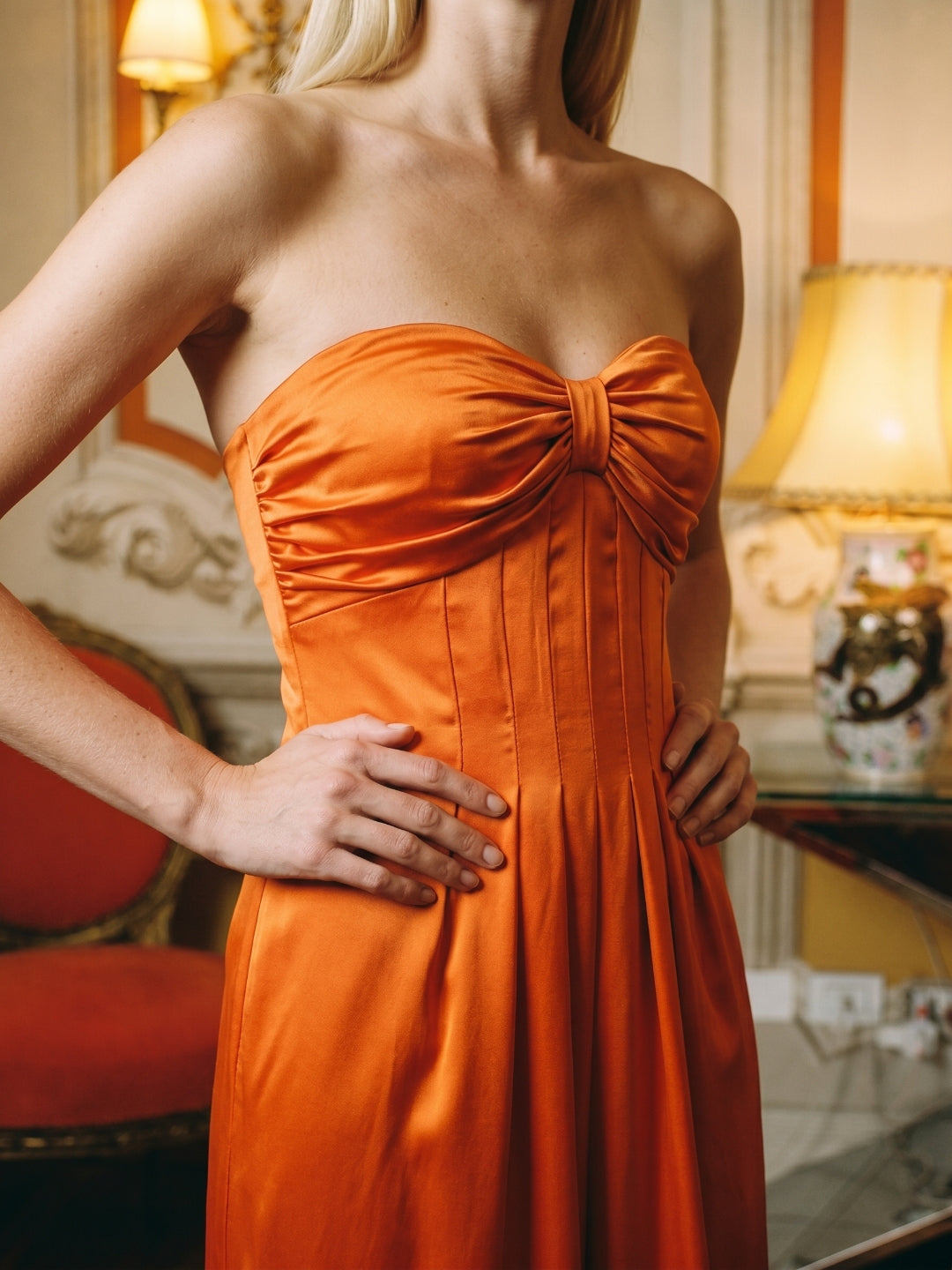 Orange Satin A-Line Sweetheart Lace-up Ankle-Length Bridesmaid Dress with Pleats