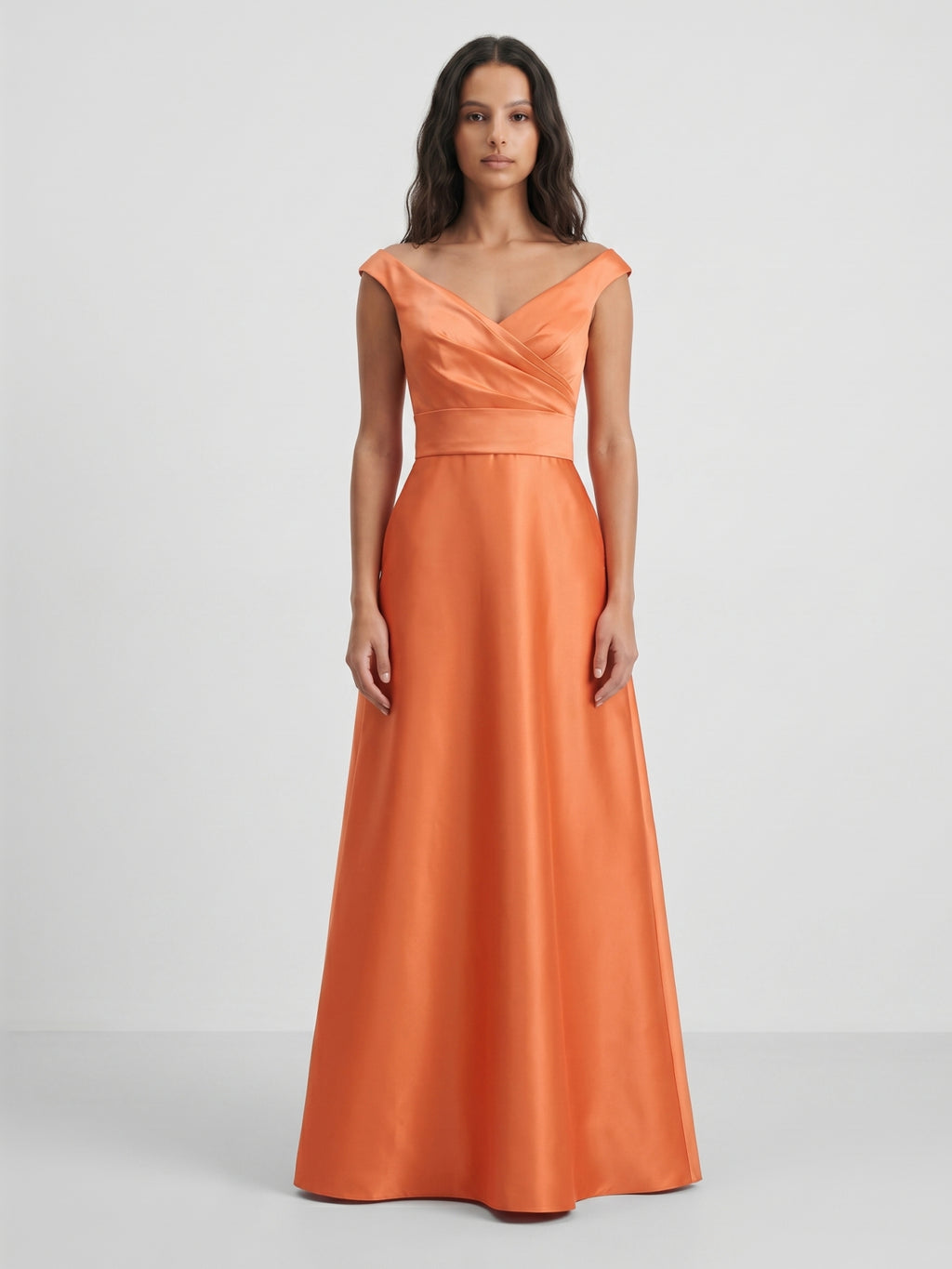 Orange Satin A-Line V-Neck Back Zip Floor-Length Bridesmaid Dress with Pleats