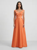Orange Satin A-Line V-Neck Back Zip Floor-Length Bridesmaid Dress with Pleats