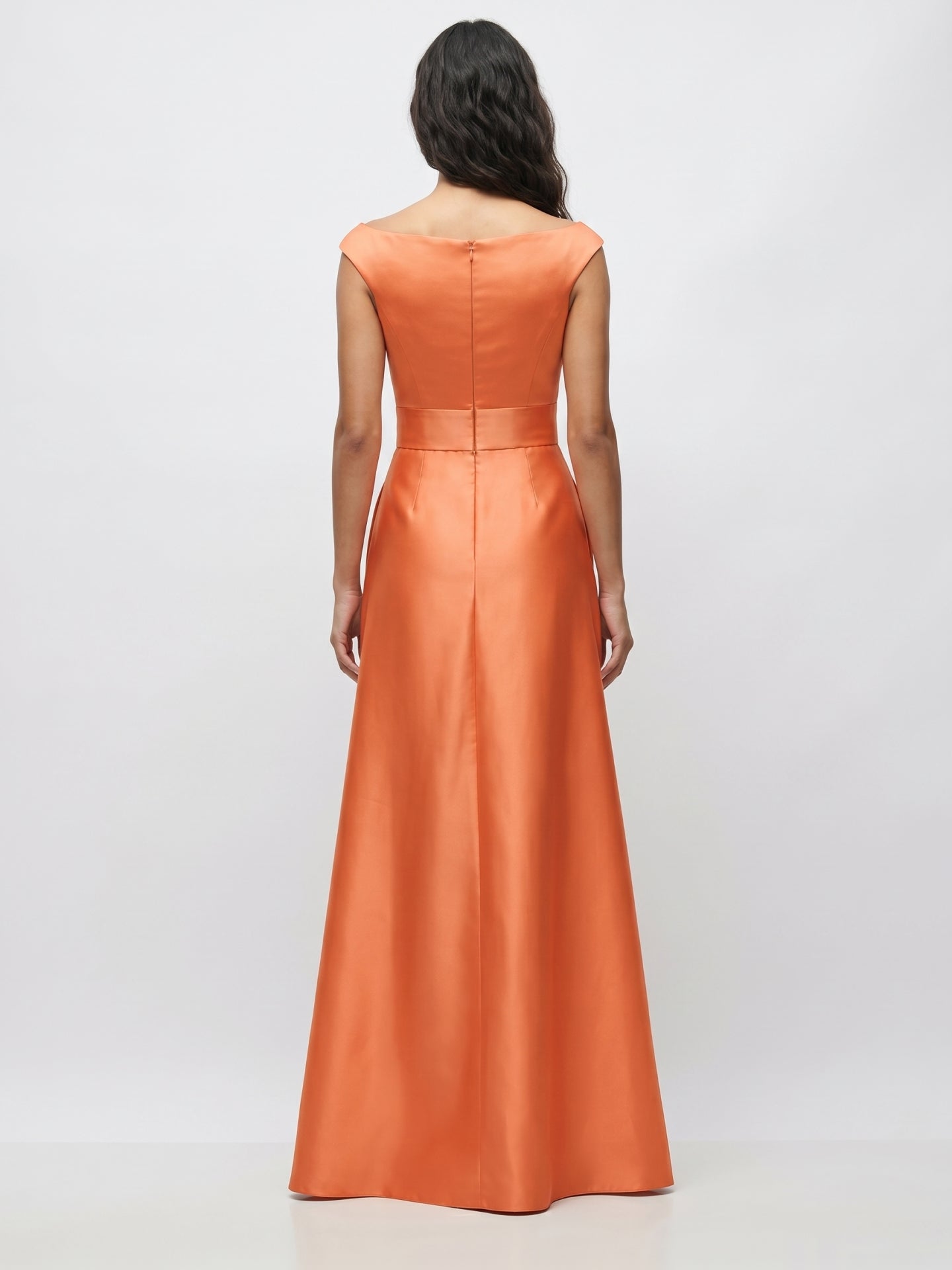 Orange Satin A-Line V-Neck Back Zip Floor-Length Bridesmaid Dress with Pleats