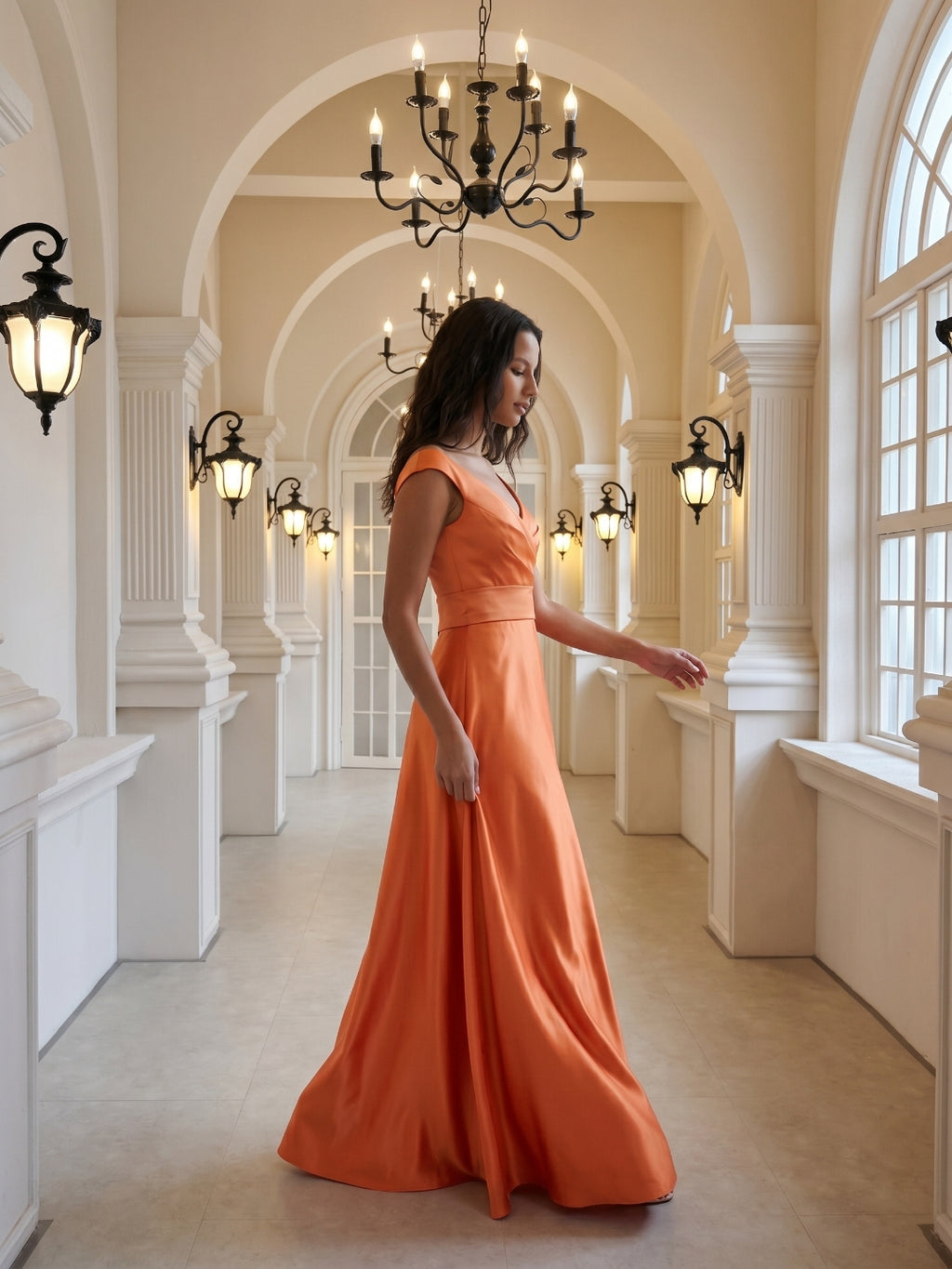Orange Satin A-Line V-Neck Back Zip Floor-Length Bridesmaid Dress with Pleats