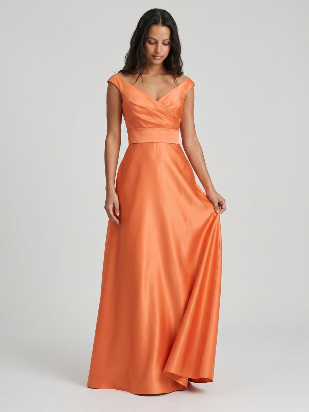 Orange Satin A-Line V-Neck Back Zip Floor-Length Bridesmaid Dress with Pleats