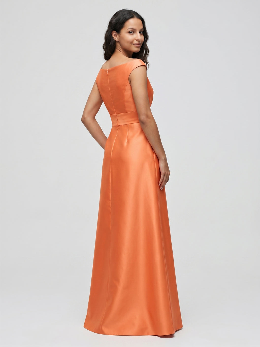 Orange Satin A-Line V-Neck Back Zip Floor-Length Bridesmaid Dress with Pleats