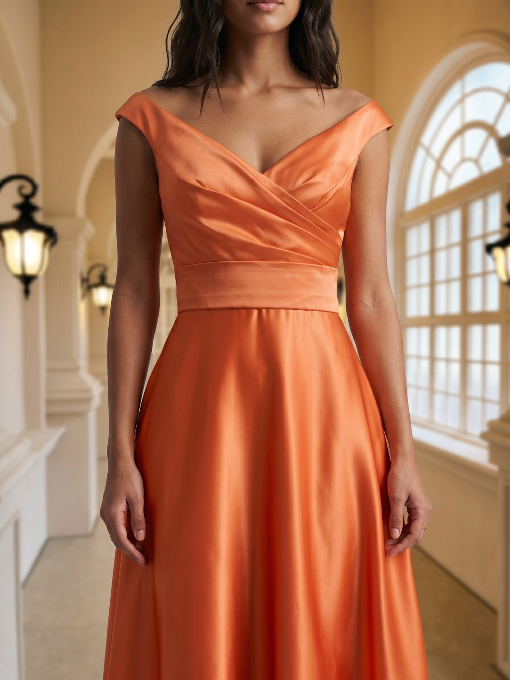 Orange Satin A-Line V-Neck Back Zip Floor-Length Bridesmaid Dress with Pleats
