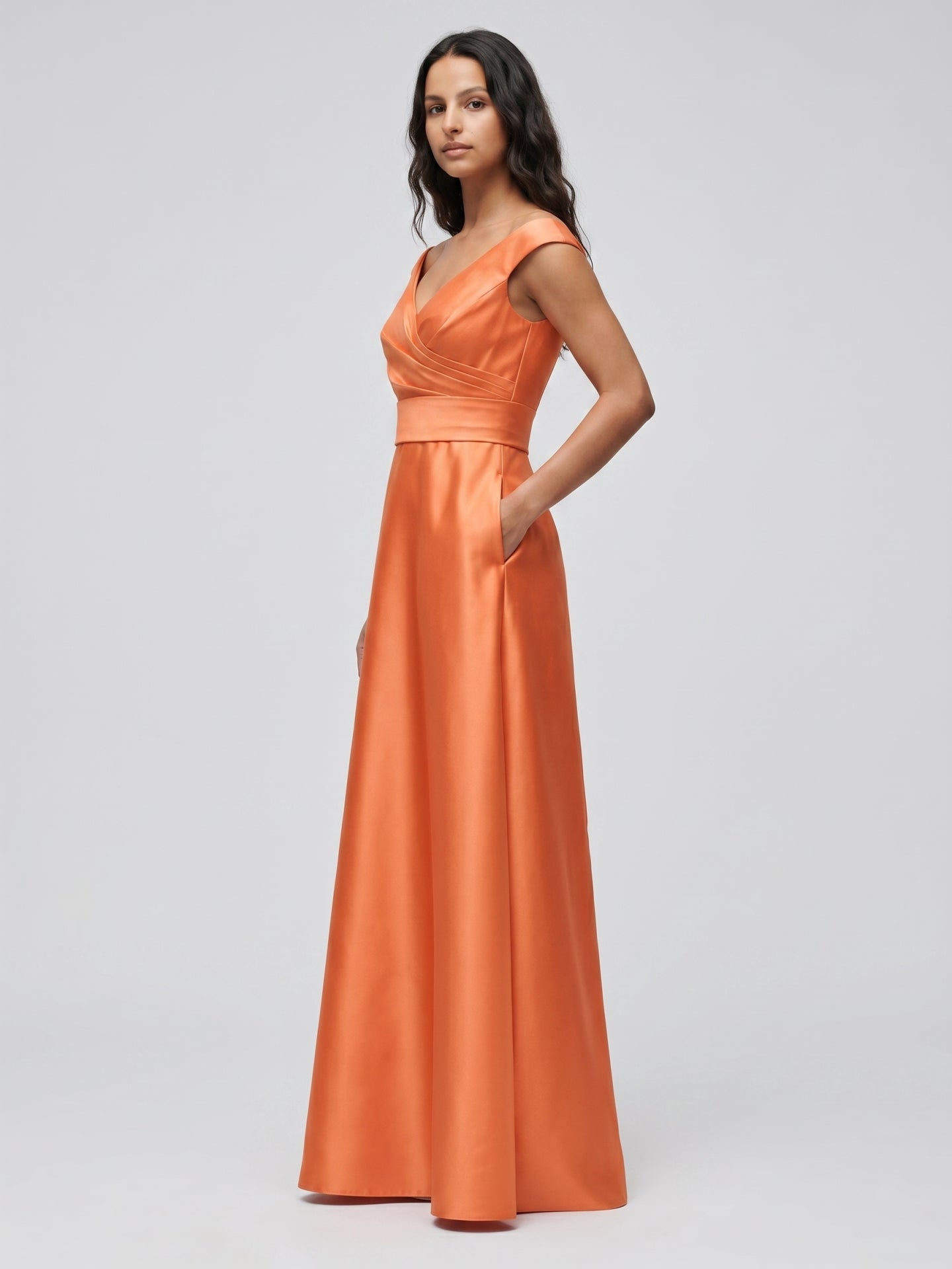 Orange Satin A-Line V-Neck Back Zip Floor-Length Bridesmaid Dress with Pleats